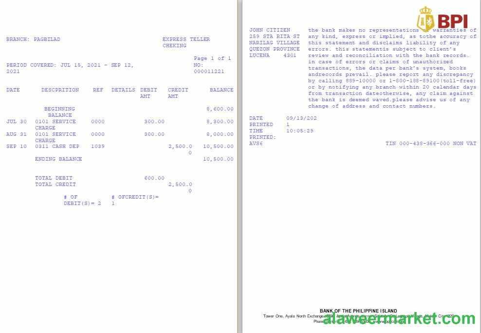Philippines Bank of the Philippine Islands (BPI) bank statement template in Word and PDF format, version 2
